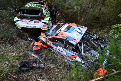 The wreckages of Kovalainen and Tänak's cars at Rally Japan 2024 / XPB Images